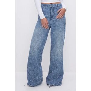 Good American Good Ease Crystal Rhinestone Embellished Wide Leg Jeans